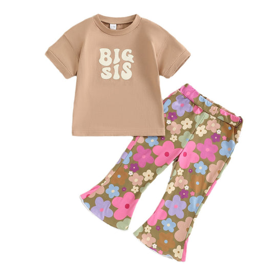 Baby Girls Big Sis Shirt Bell Flowers Bottom Pants Outfits Sets Preorder(moq 5)