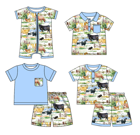 Preorder moq 5 Custom Baby Boys Blue Short Sleeves Button Cows House Top Short Farm Set Polo Shirts And Zipper Rompers