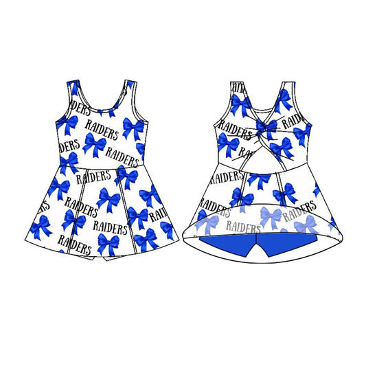Preorder (moq 5)Baby Girls Sleeveless Bows Raiders Blue Shorts Team Knee Length Dresses