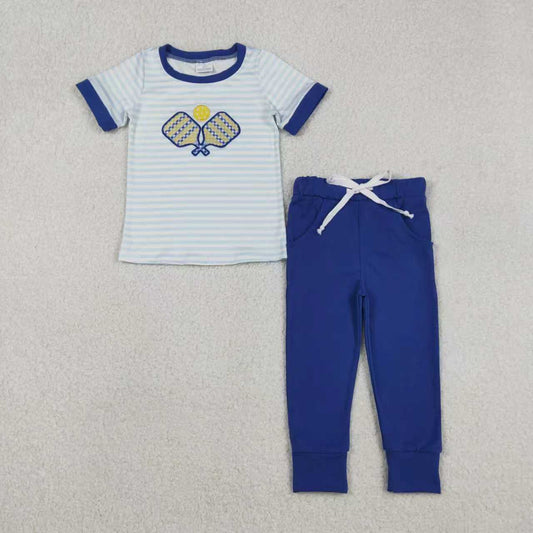 Sibling Baby Boys Blue Stripe Embroidery Tennis Pants Team Clothes Set Footie Rompers
