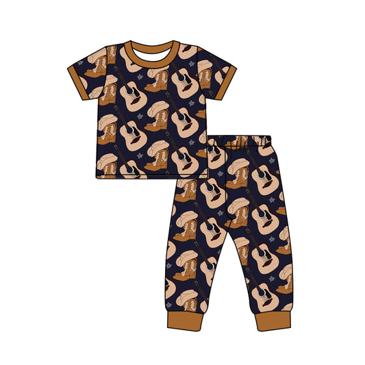 Baby Boys Brown Guitar Short Sleeve Top Pants Pajamas Clothes Sets preorder(moq 5)