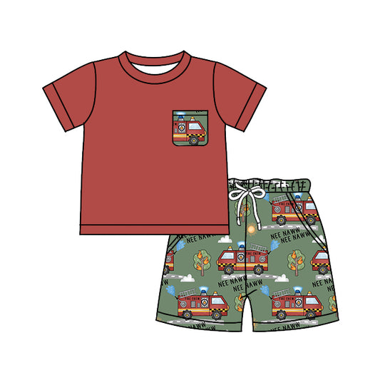 Baby Boys Summer Pocket Shirt Fire Truck Shorts Pajamas Clothes Sets preorder (moq 5)