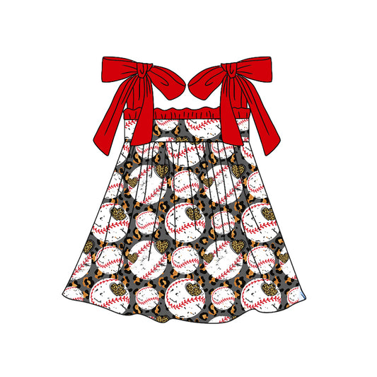 Preorder (moq 5)Baby Girls Baseball Leopard Straps Knee Length Dresses