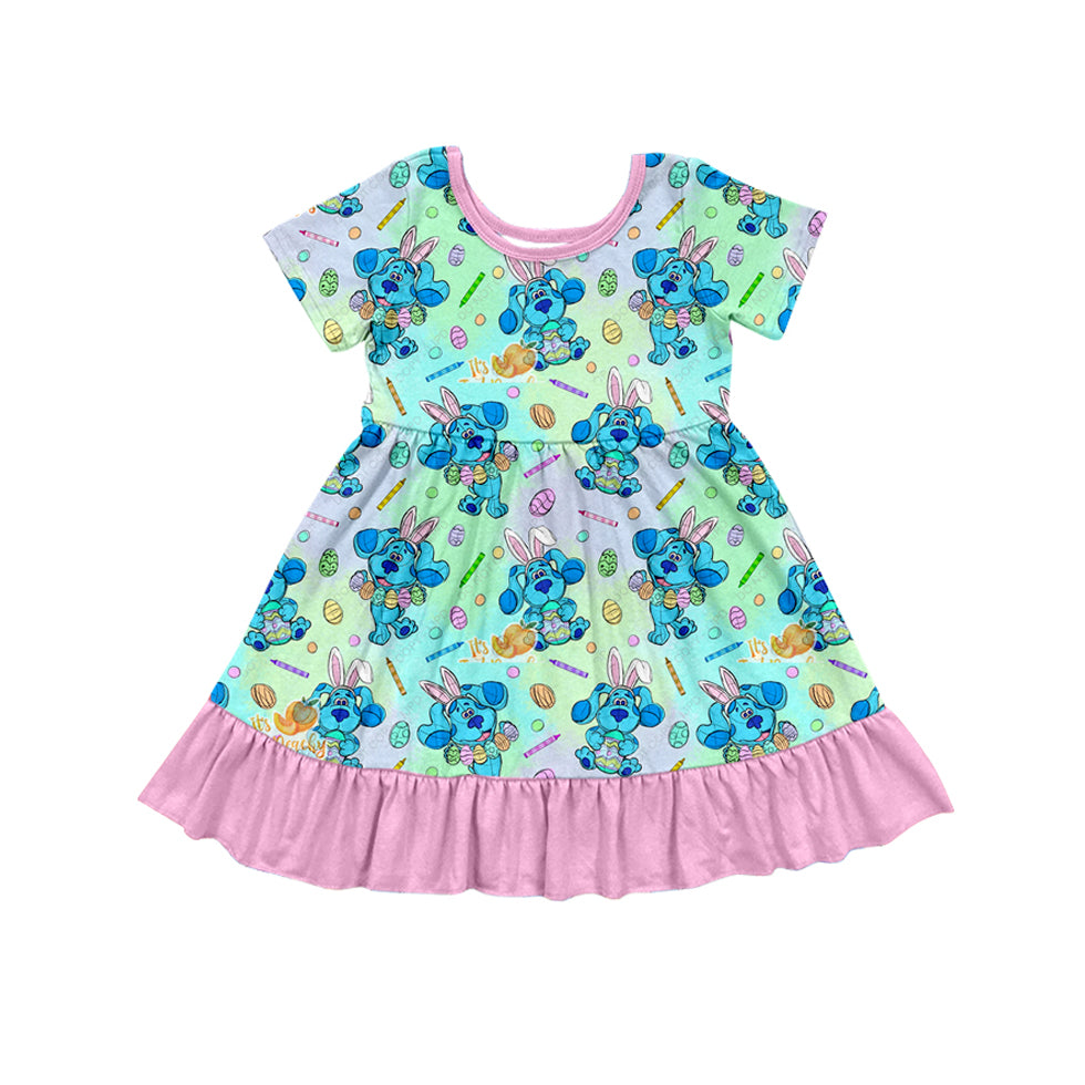 Baby Girls Blue Dog Easter Short Sleeve Knee Length Dresses preorder(MOQ 5)