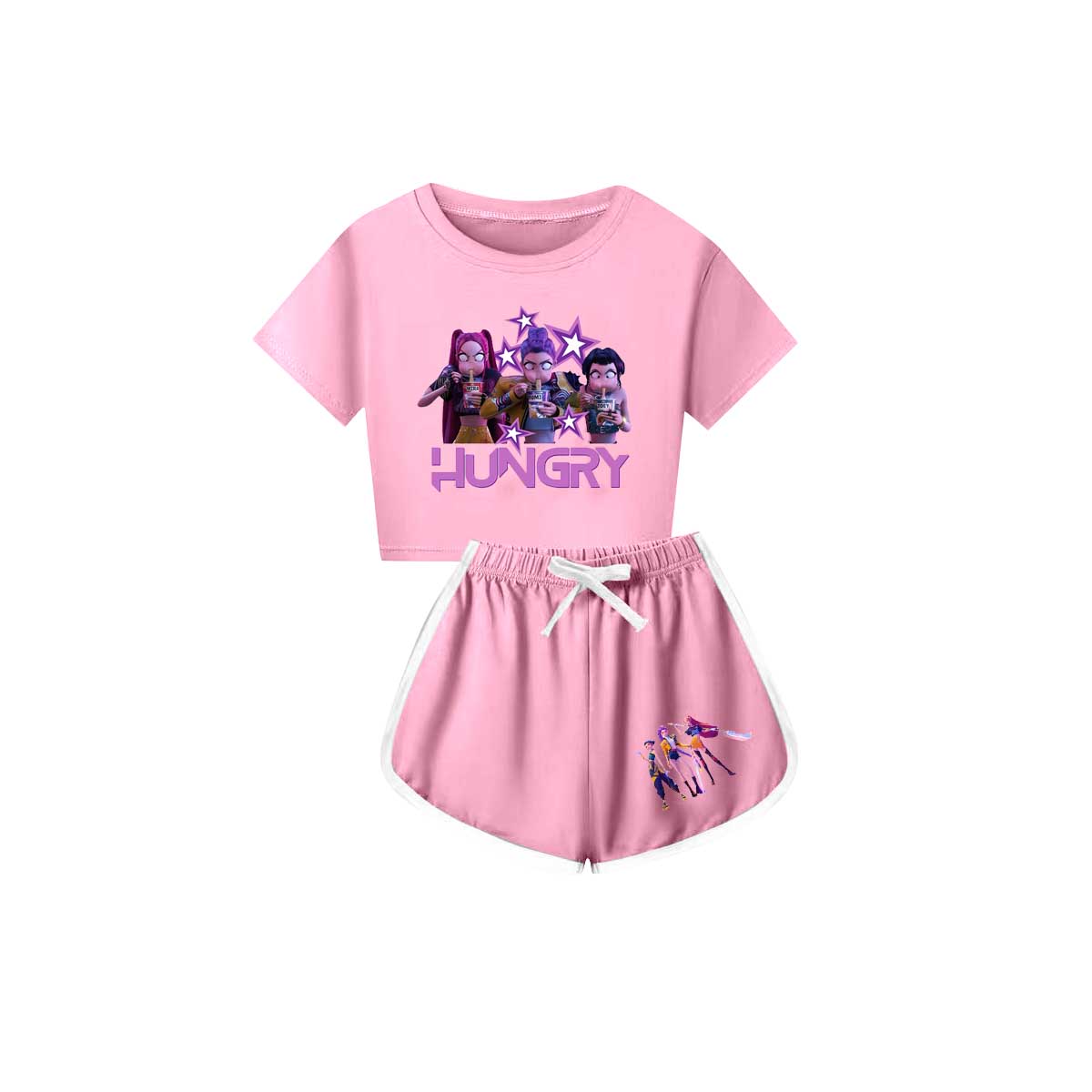 Preorder(moq 5) Baby Girls Cartoon Girls Hungry Top Shorts Light Pink Clothes Sets