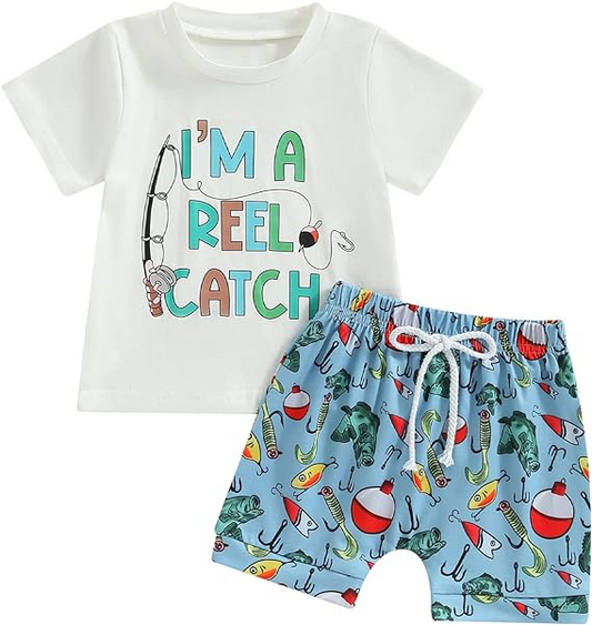 Baby Boys I'm A Reel Catch Shirt Fishing Shorts Clothes Sets preorder (moq 5)