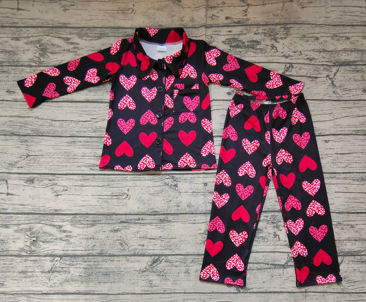 Baby Girls Valentines Black Red Hearts Buttons Shirts Pants Pajamas Clothes Sets