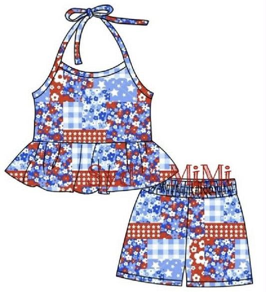Preorder moq 5 Baby Girls Strap Flowers Checked Tunic Short 4th of July Clothes Set