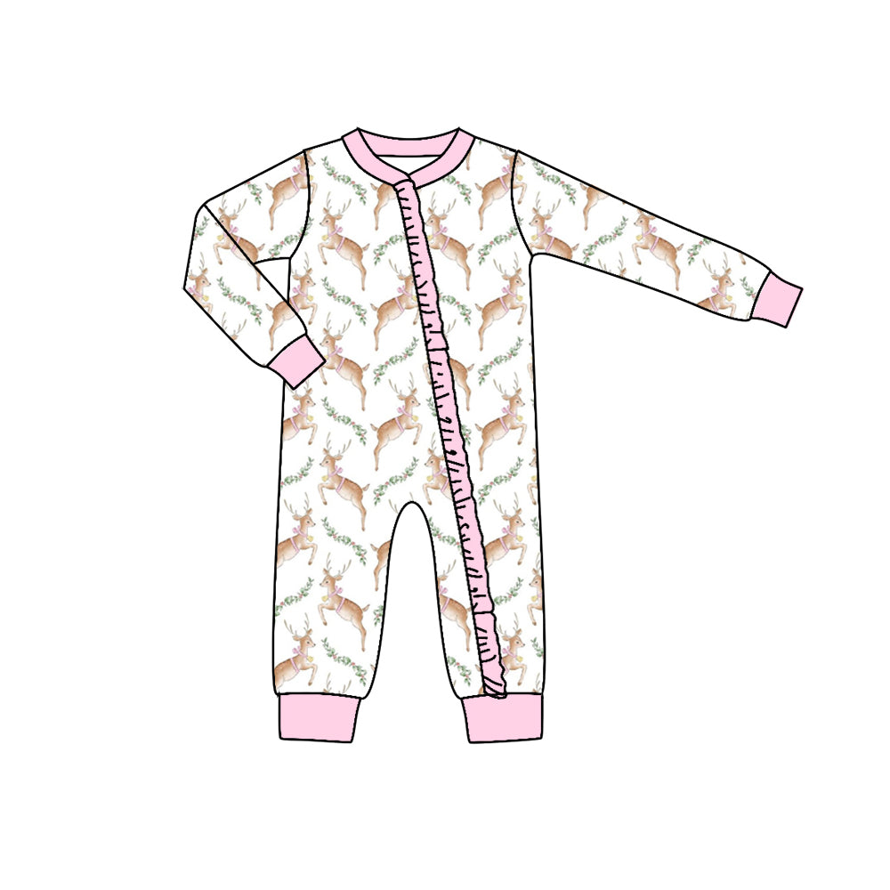 Baby Girls Pink Deer Zip Long Sleeve Rompers Preorder(moq 5)