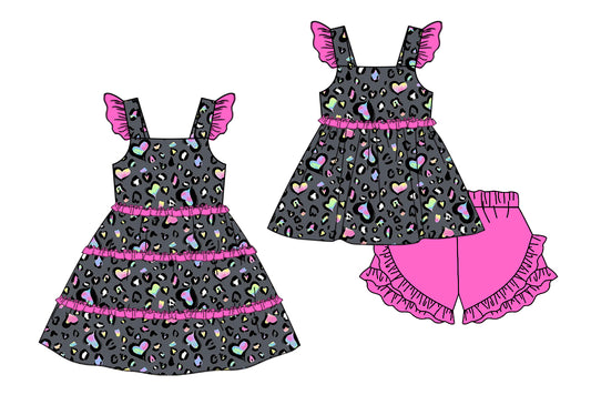 Preorder(moq 5 each) Baby Girls Grey Colorful Leopard Hearts Ruffles Summer Dress Shorts Sets