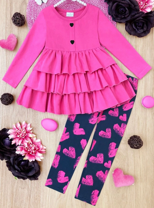 Baby Girls Hot Pink Ruffle Tunic Top Heart Legging Clothes Sets preorder(MOQ 5)