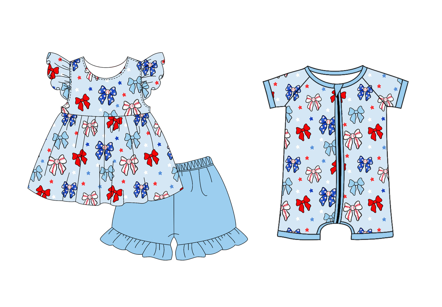 Preorder moq 5 Custom Baby Kids Blue Red Bows Tunic Ruffle Short 4th Of July Set Zipper Rompers