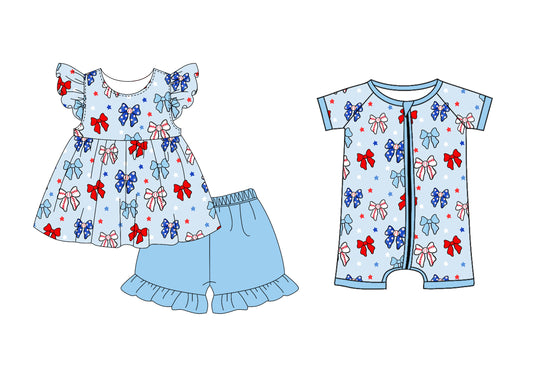 Preorder moq 5 Custom Baby Kids Blue Red Bows Tunic Ruffle Short 4th Of July Set Zipper Rompers