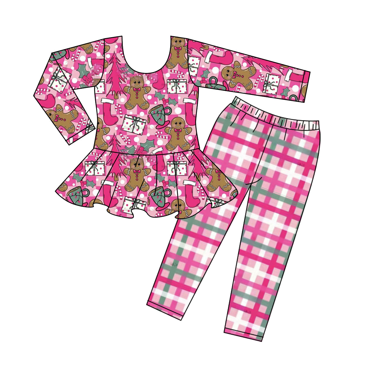 preorder(moq 5) Baby Girls Pink Gingerbread Trees Plaid Tunic Leggings Christmas Sets
