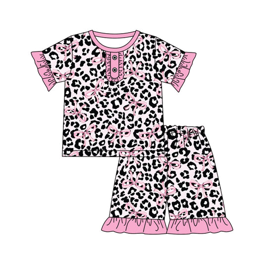 Baby Girls Pink Leopard Bows Top Ruffle Shorts Pajamas Clothes Sets preorder(MOQ 5)