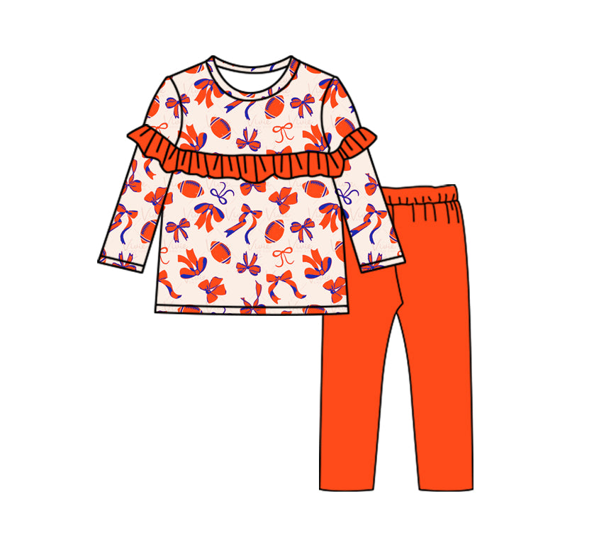 Baby Girls Football Orange Bow Tunic Tee Shirt Top Pants Clothes Sets Preorder(moq 5)