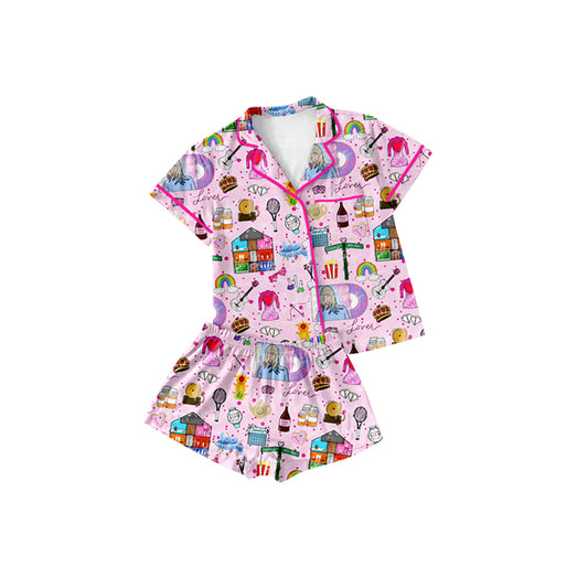 Preorder(MOQ 5) Baby Girls Pink Singer House Button Top Shorts Pajamas Clothes Sets
