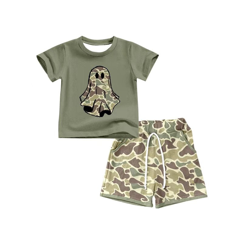 Preorder(moq 5) Baby Boys Green Halloween Ghost camo Top Shorts Outfits Sets
