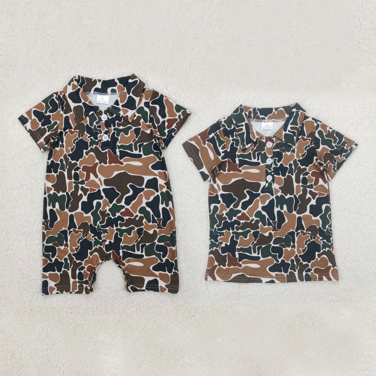Sibling Baby Boys Short Sleeves Dark Brown Camo Button Polo Shirts Top Rompers