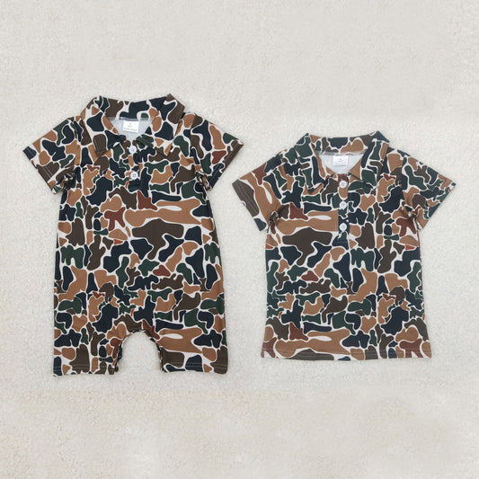 Sibling Baby Boys Short Sleeves Dark Brown Camo Button Polo Shirts Top Rompers