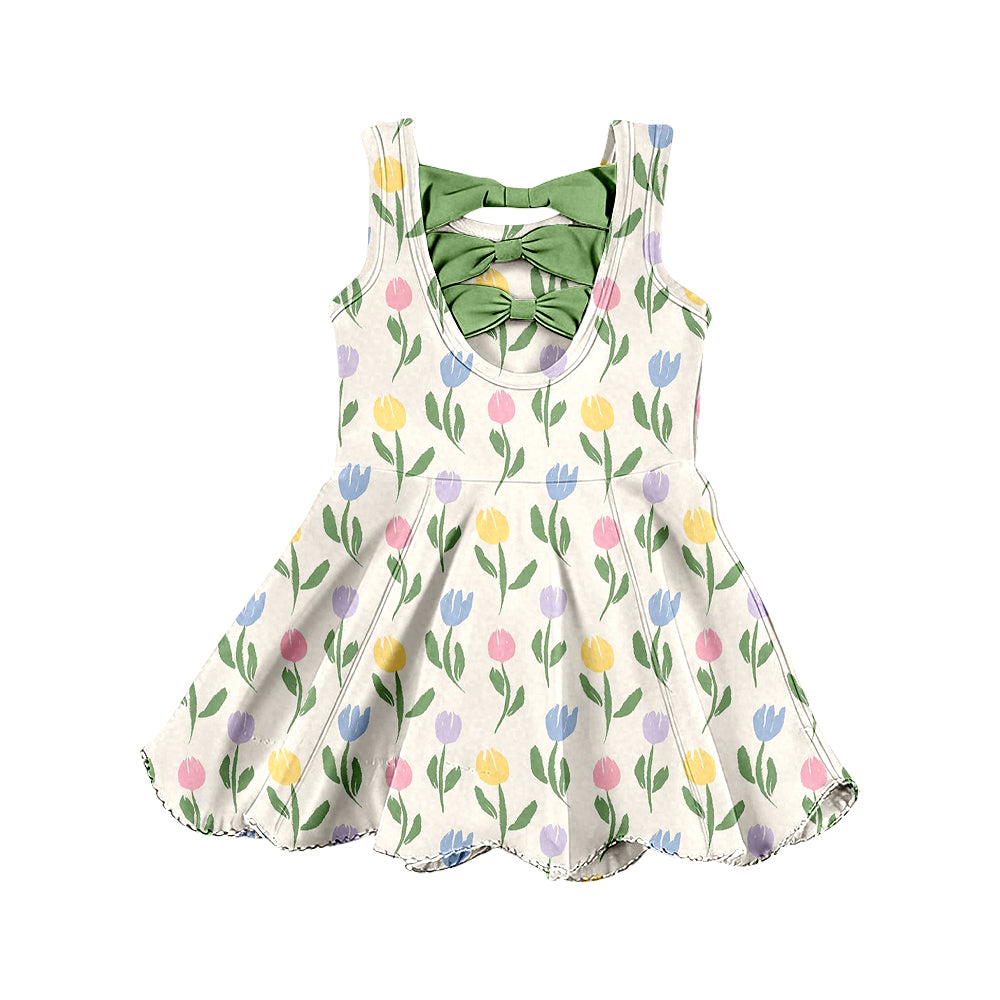 Preorder (moq 5)Baby Girls Sleeveless Colorful Flowers Scallop Shorts Knee Length Dresses