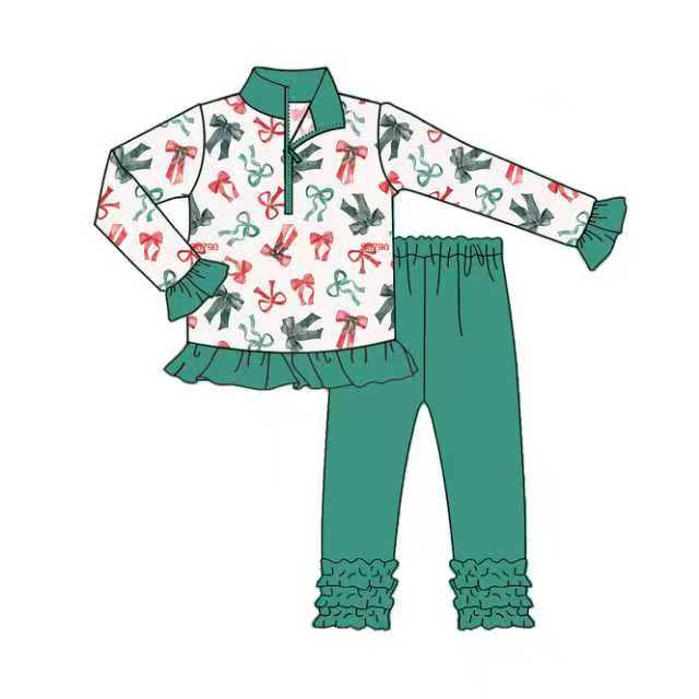 Preorder (moq 5)Baby Girls Green Red Bows Christmas Zipper Pullover Ruffle Legging Pants Clothes Sets