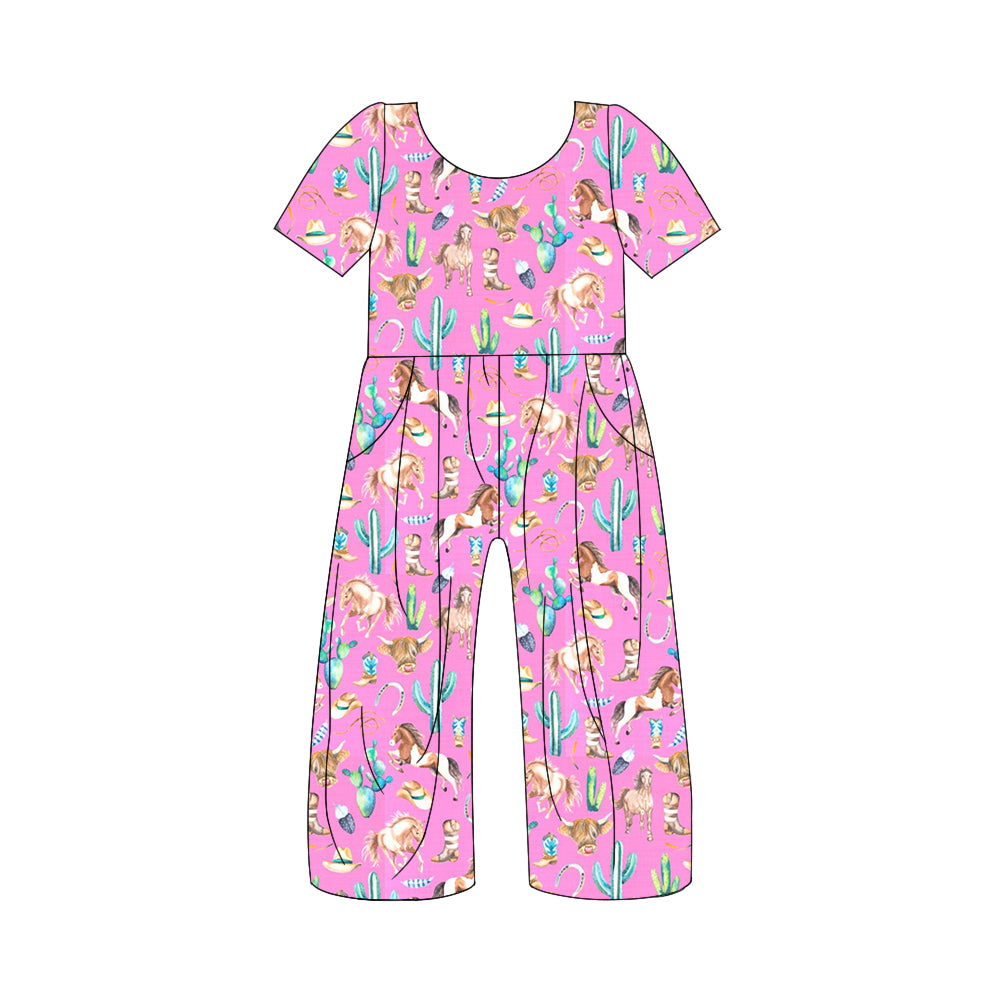 Baby Girls Pink Horse Cactus Short Sleeve Jumpsuits Preorder(moq 5)