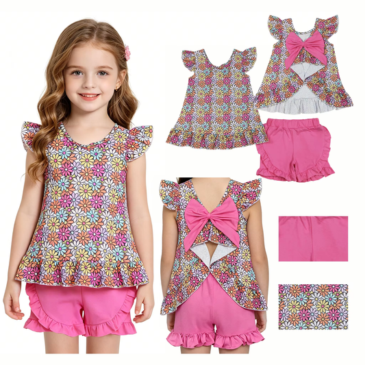 Baby Girls Colorful Daisy Flowers Back Bow Tunic Ruffle Shorts Clothes Sets