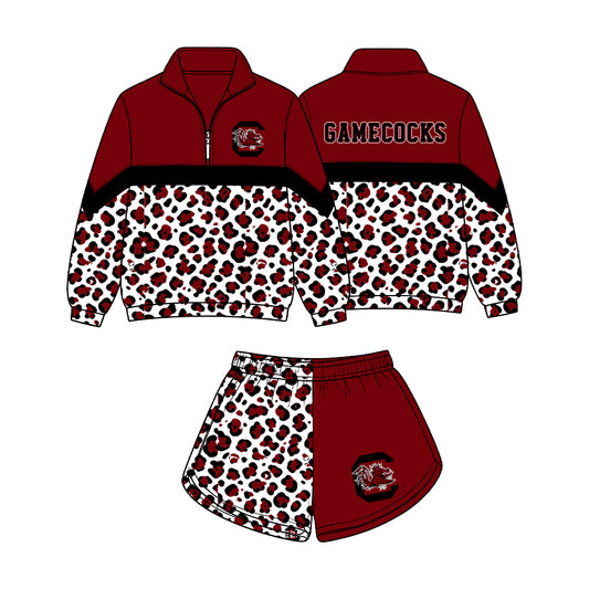 Preorder (moq 5)Baby Girls Black Maroon Leopard Gamecocks Zip Pullovers Short Team Clothes Set
