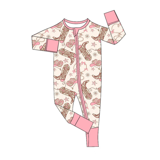 Preorder(moq 5)Baby Infant Girls Western Pink Boots Hats Zip Sleepers Rompers