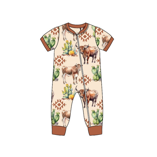 Baby Infant Boys Western Highland Cow Aztec Zip Rompers preorder(moq 5)