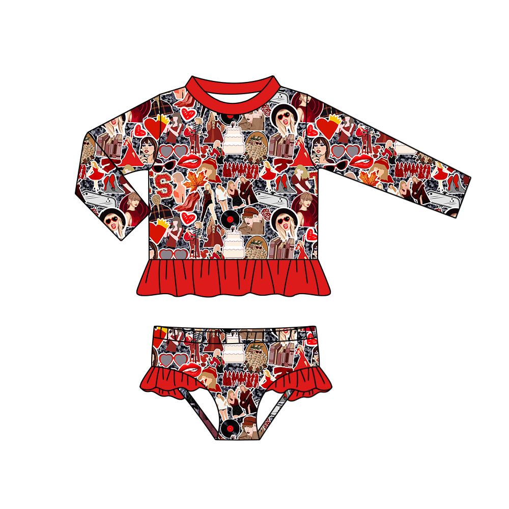 Baby Girls Red Singer Long Sleeve Top Ruffle Bummie 2pcs Swimsuits preorder(moq 5)