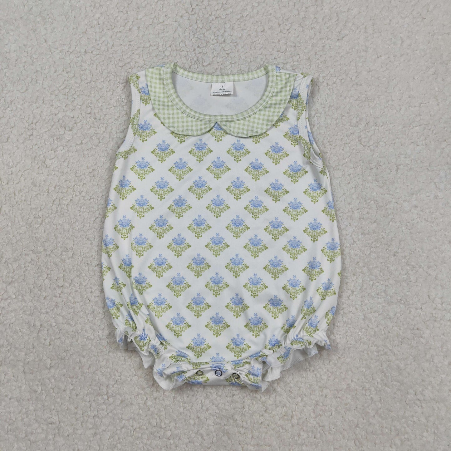 Baby Girls Sleeveless Flowers Plaid Collar Ruffle Rompers