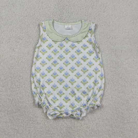 Baby Girls Sleeveless Flowers Plaid Collar Ruffle Rompers
