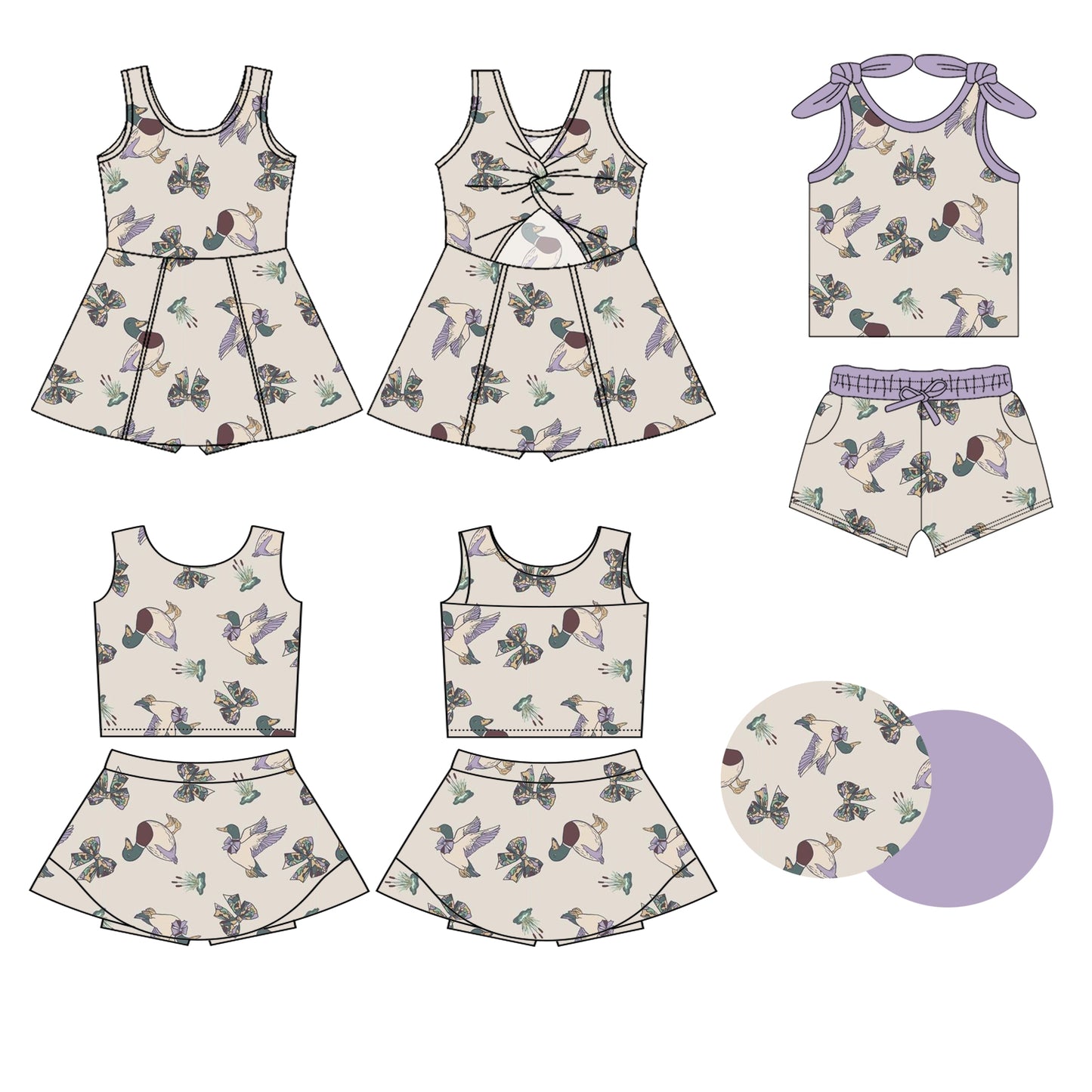 Preorder moq 5 Custom Baby Girls Sleeveless Lavender Bows Ducks Top Skort Set Knee Length Dress Pockets Short Set