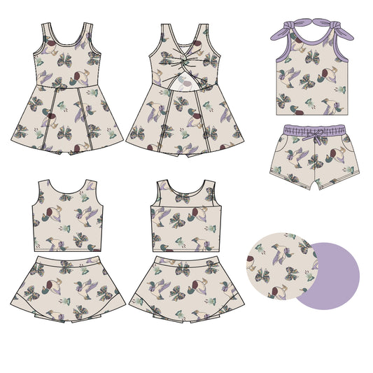 Preorder moq 5 Custom Baby Girls Sleeveless Lavender Bows Ducks Top Skort Set Knee Length Dress Pockets Short Set