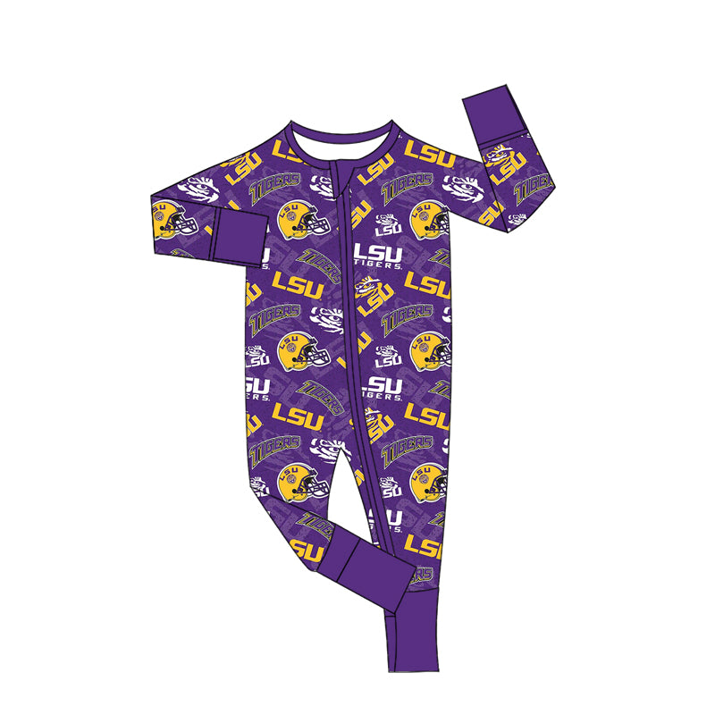 Baby Boys Team LSU Purple Long Sleeve Zip Rompers preorder(moq 5)