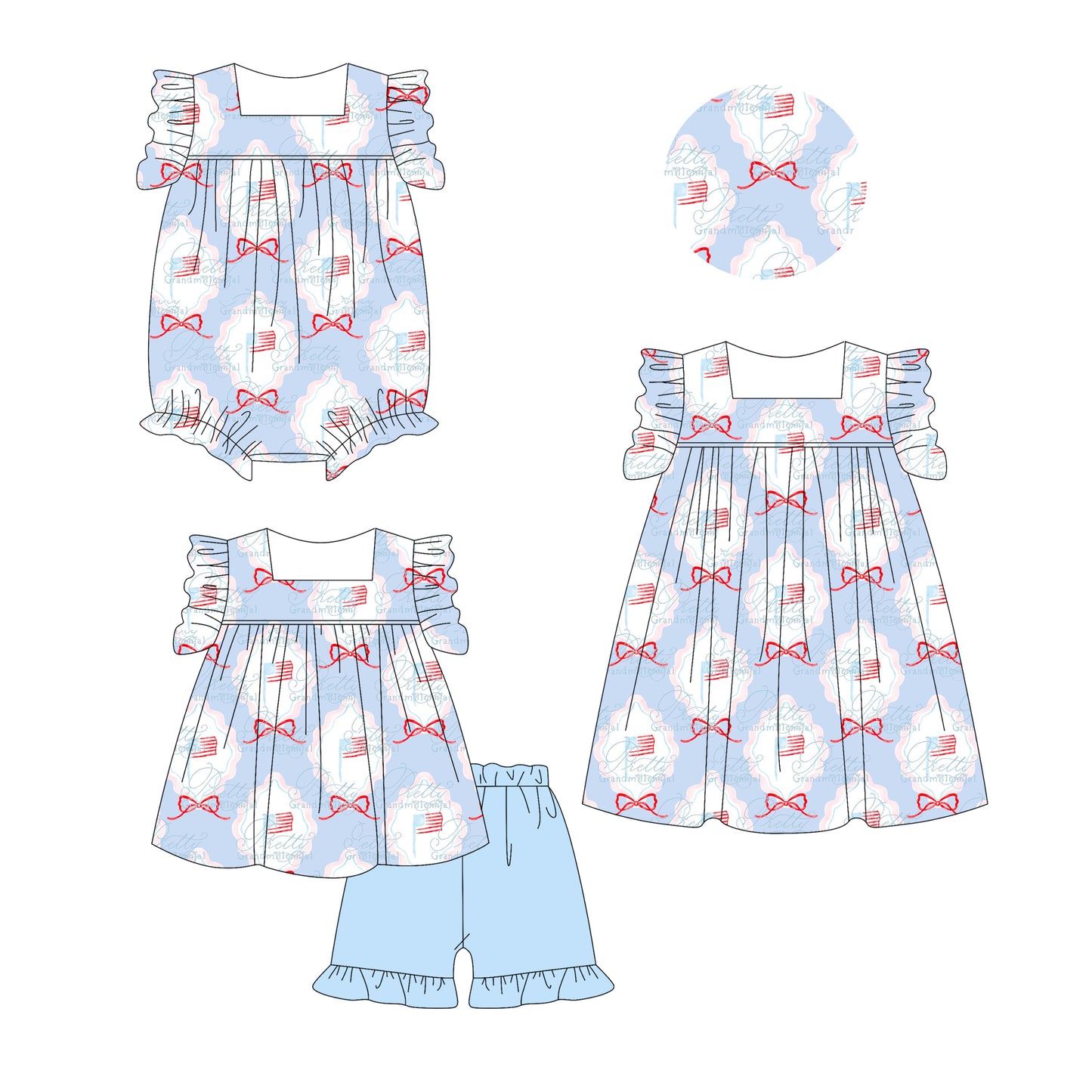 Preorder moq 5 Custom Baby Girls Flutter Sleeves Red Blue Bows Flags Tunic Ruffle Short 4th Of July Set Knee Length Dress And Rompers