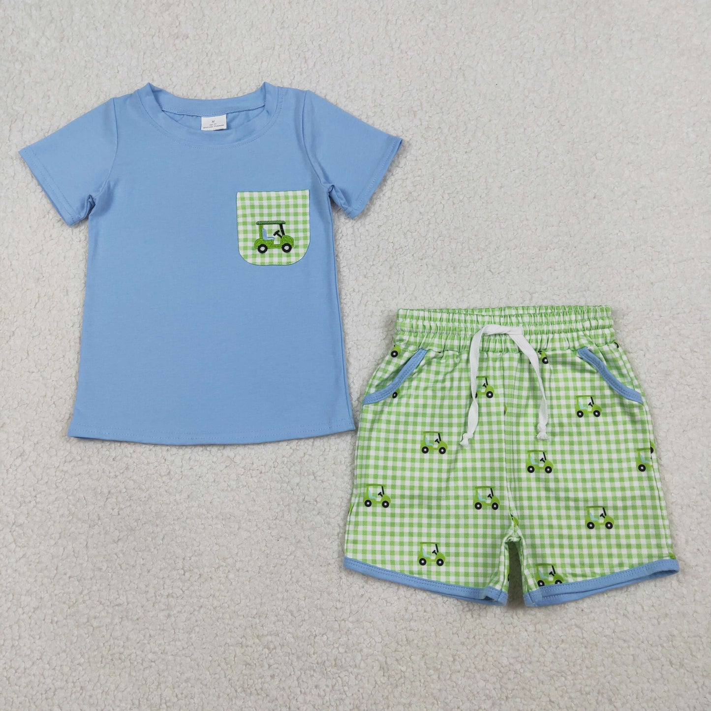 Sibling Baby Boys Girls Embroidery Golf Trucks Top Green Checked Skirt Shorts Clothes Sets