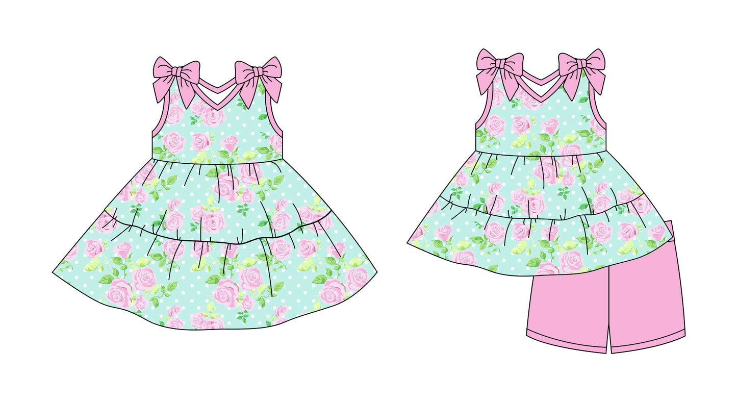 Preorder moq 5 Custom Baby Girls Pink Flowers Polka Dots Tunic Short Set Knee Length Dresses