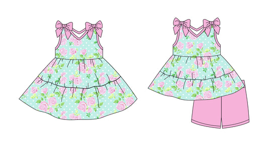 Preorder moq 5 Custom Baby Girls Pink Flowers Polka Dots Tunic Short Set Knee Length Dresses