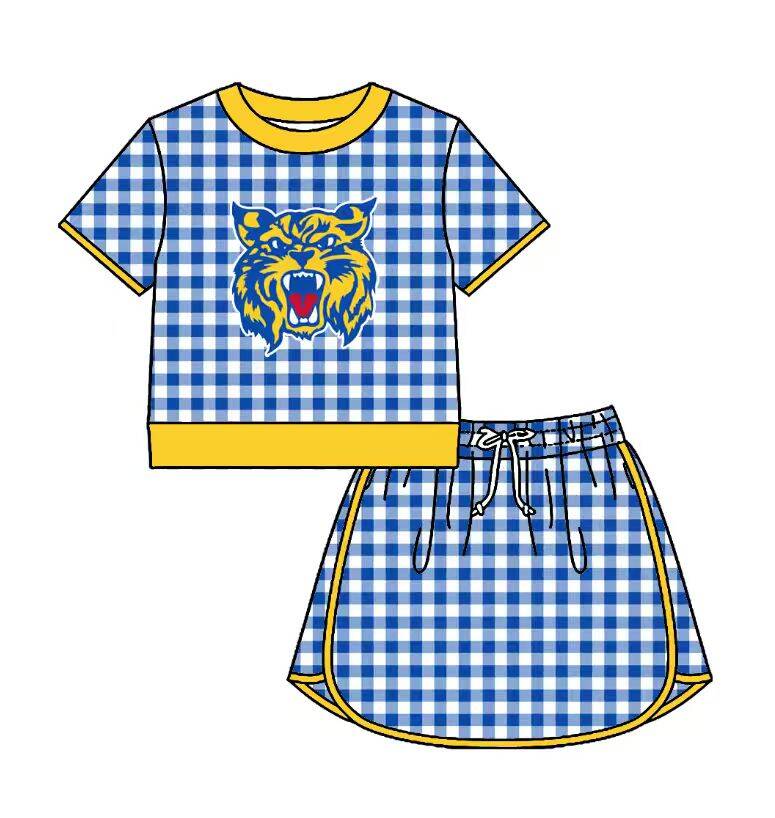 Preorder (moq 5)Baby Girls Blue Checked Bearkat Top Skirt Short Team Clothes Set