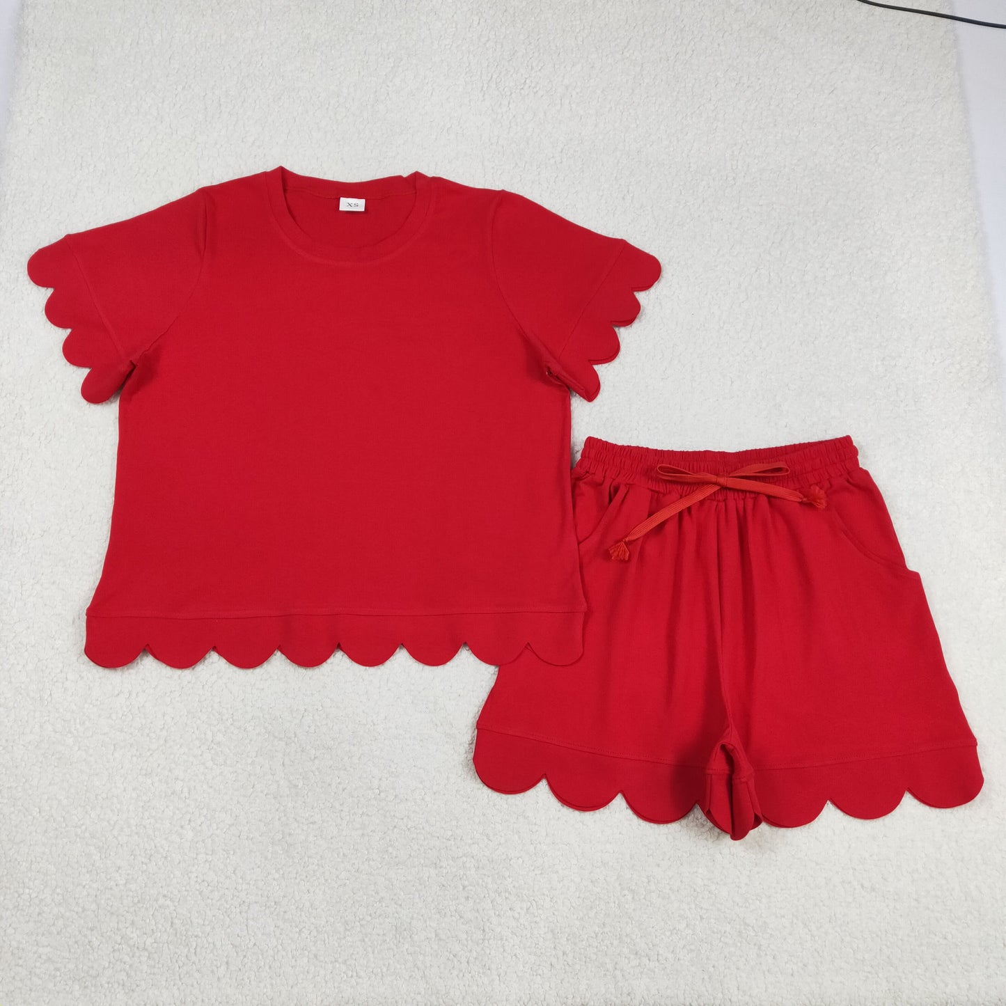 Adult Women Red Shorts Sleeve Shirts Top Scallop Short Clothes Sets