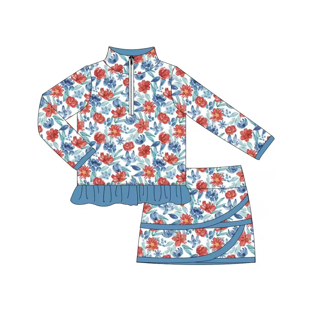 Preorder (moq 5)Baby Girls Colorful Flowers Zipper Ruffle Pullover Top Skirt Shorts Clothes Sets