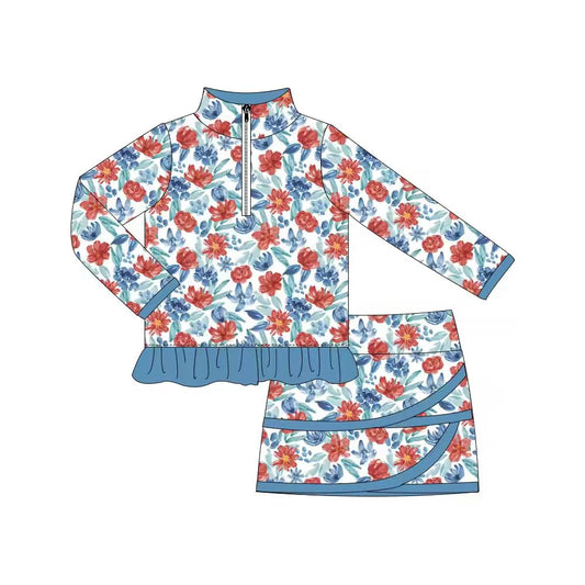 Preorder (moq 5)Baby Girls Colorful Flowers Zipper Ruffle Pullover Top Skirt Shorts Clothes Sets