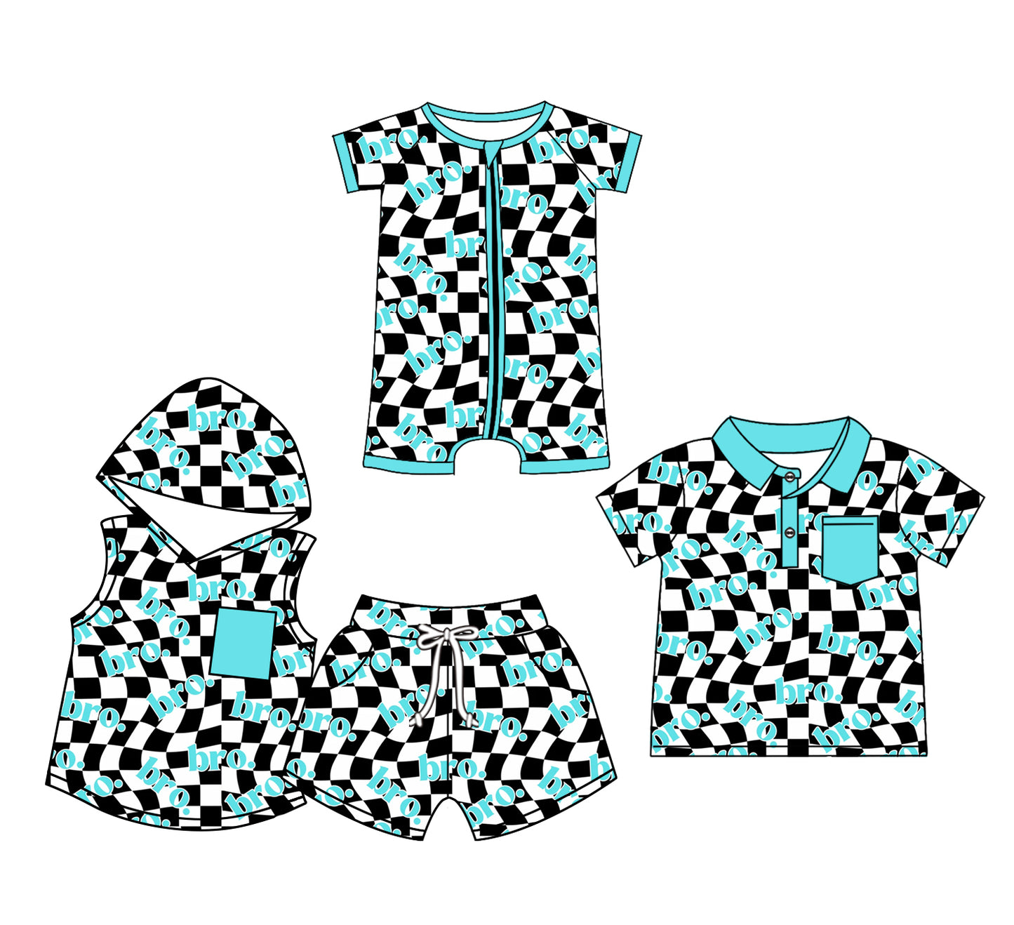 Preorder(moq 5 each)Sibling Baby Boys Checkered Bro Zip Romper Hooded Shirts Shorts Sets