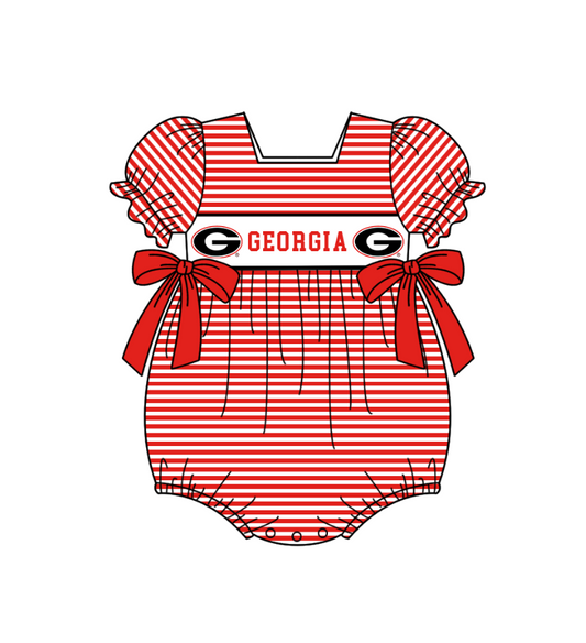 preorder(moq 5) Baby Girls Red Stripe Short Sleeve Georgia Team Ruffle Rompers