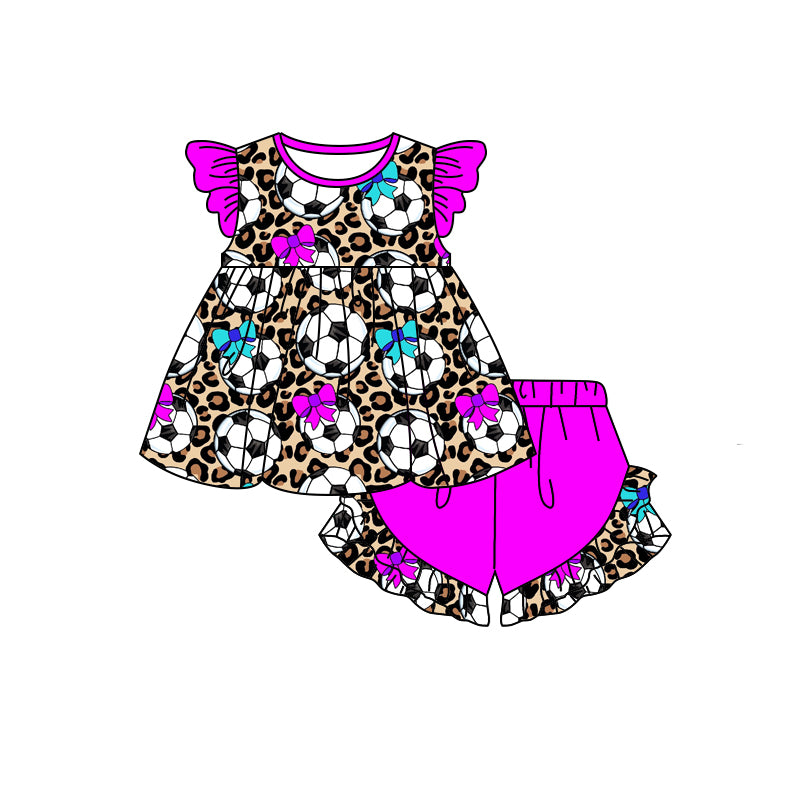 Baby Girls Soccer Bow Leopard Tunic Top Ruffle Shorts Clothes Sets preorder(moq 5)