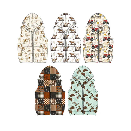 Preorder moq 5 (each item)Baby Boys Sleeveless Western Cows Horses Pocket Zipper Hoodie Jackets
