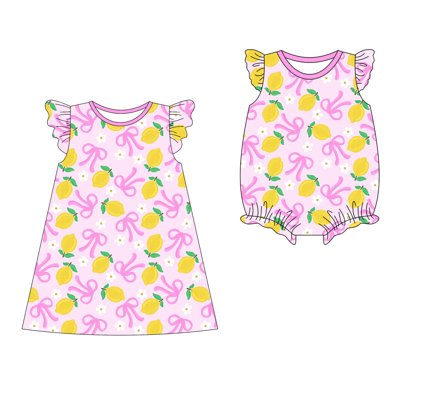 Preorder moq 5 Custom Baby Girls Flutter Sleeves Pink Bows Lemons Knee Length Dresses Rompers